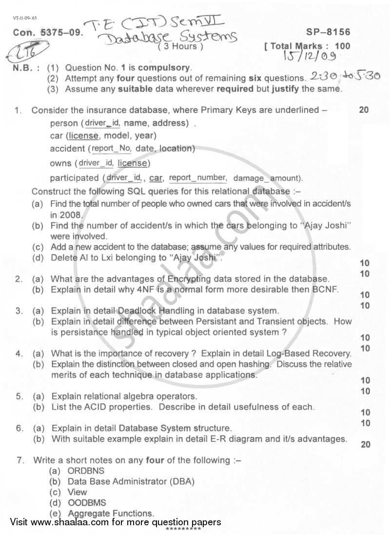 Database Technologies 2009-2010 - B.E. - Semester 6 (TE Third Year) - University of Mumbai question paper with PDF download