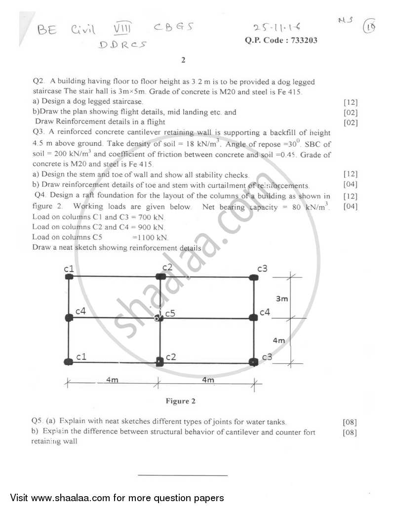 Design and Drawing of Reinforced Concrete Structures 2016-2017 - B.E. - Semester 8 (BE Fourth Year) - University of Mumbai question paper with PDF download