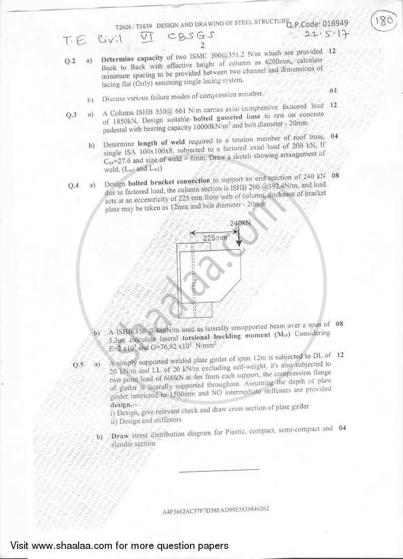 Design and Drawing of Steel Structure 2016-2017 - B.E. - Semester 6 (TE Third Year) - University of Mumbai question paper with PDF download