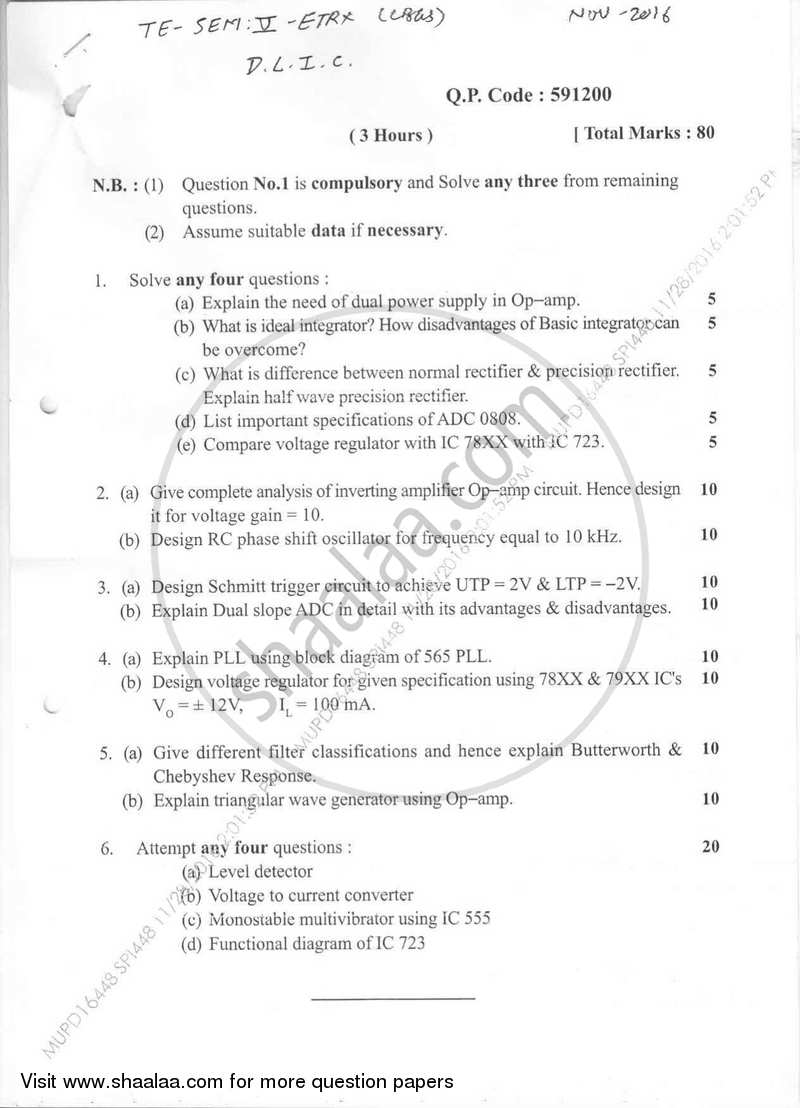 Design with Linear Integrated Circuits 2016-2017 - B.E. - Semester 5 (TE Third Year) - University of Mumbai question paper with PDF download