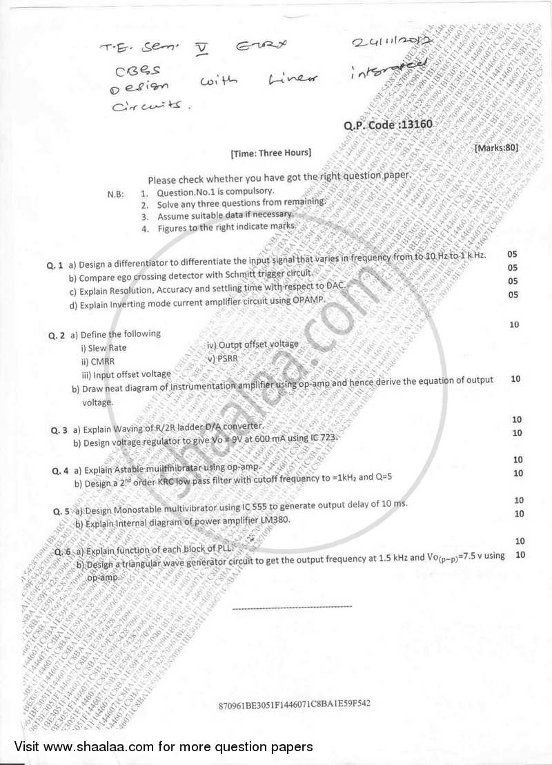 Design with Linear Integrated Circuits 2017-2018 - B.E. - Semester 5 (TE Third Year) - University of Mumbai question paper with PDF download