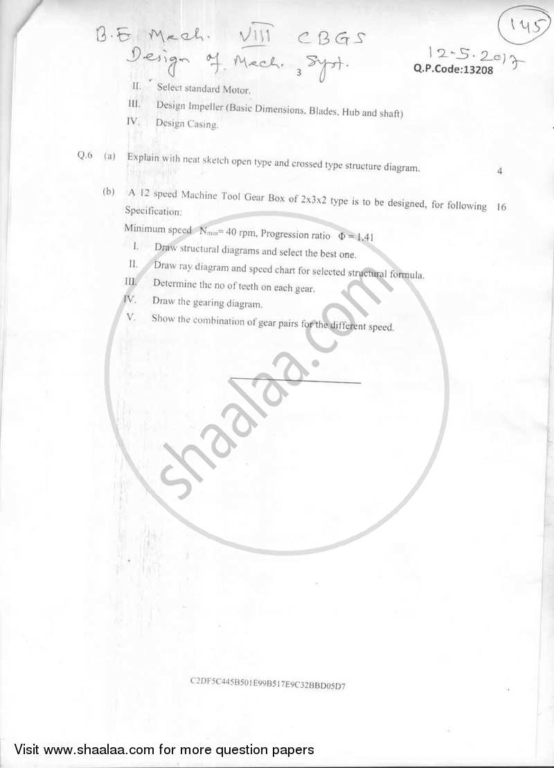 Design of Mechanical Systems 2016-2017 - B.E. - Semester 8 (BE Fourth Year) - University of Mumbai question paper with PDF download