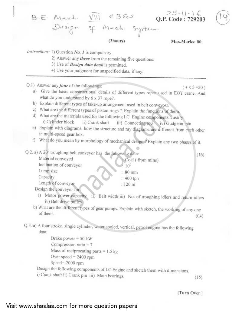 Design of Mechanical Systems 2016-2017 - B.E. - Semester 8 (BE Fourth Year) - University of Mumbai question paper with PDF download
