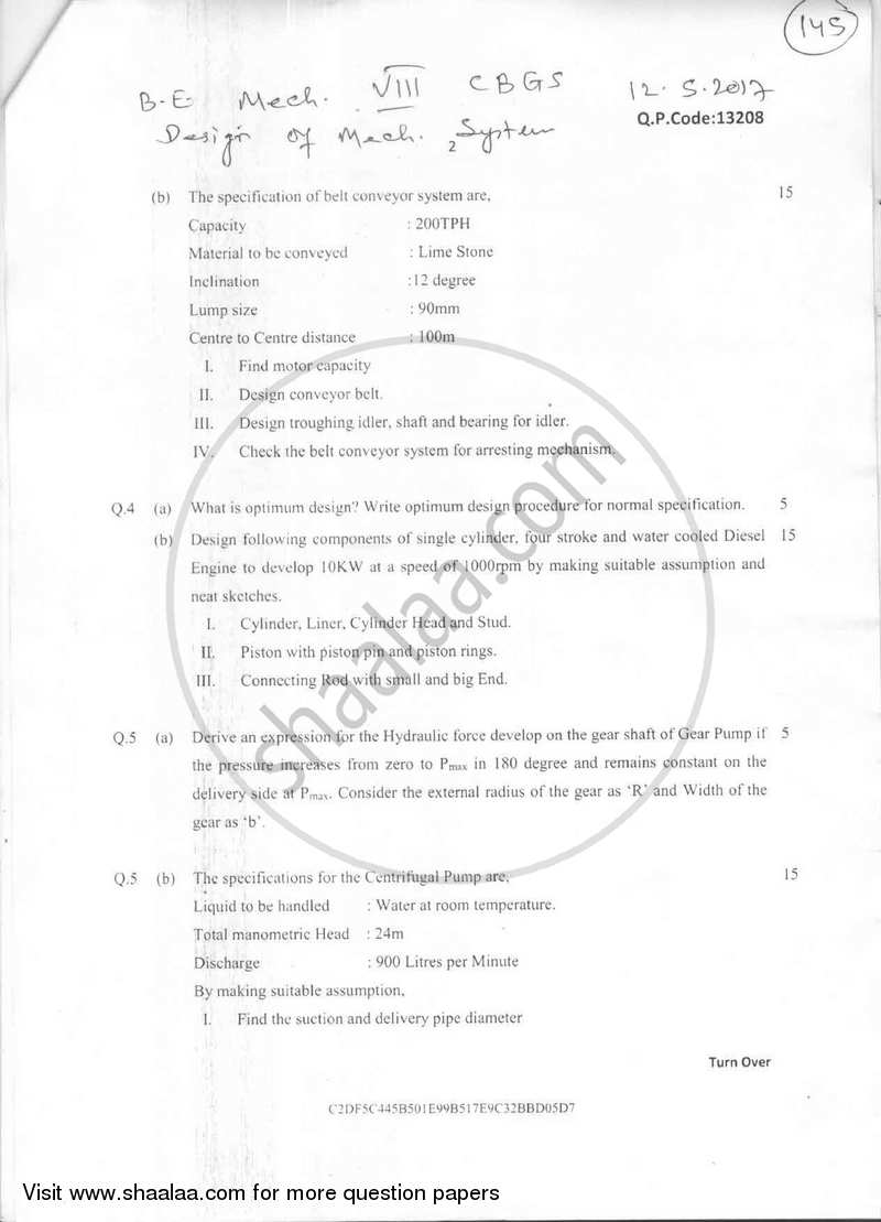 Design of Mechanical Systems 2016-2017 - B.E. - Semester 8 (BE Fourth Year) - University of Mumbai question paper with PDF download