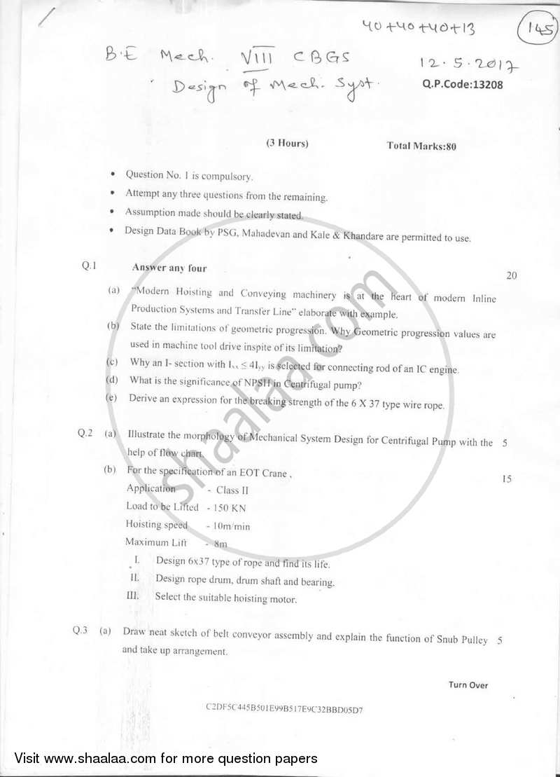 Design of Mechanical Systems 2016-2017 - B.E. - Semester 8 (BE Fourth Year) - University of Mumbai question paper with PDF download