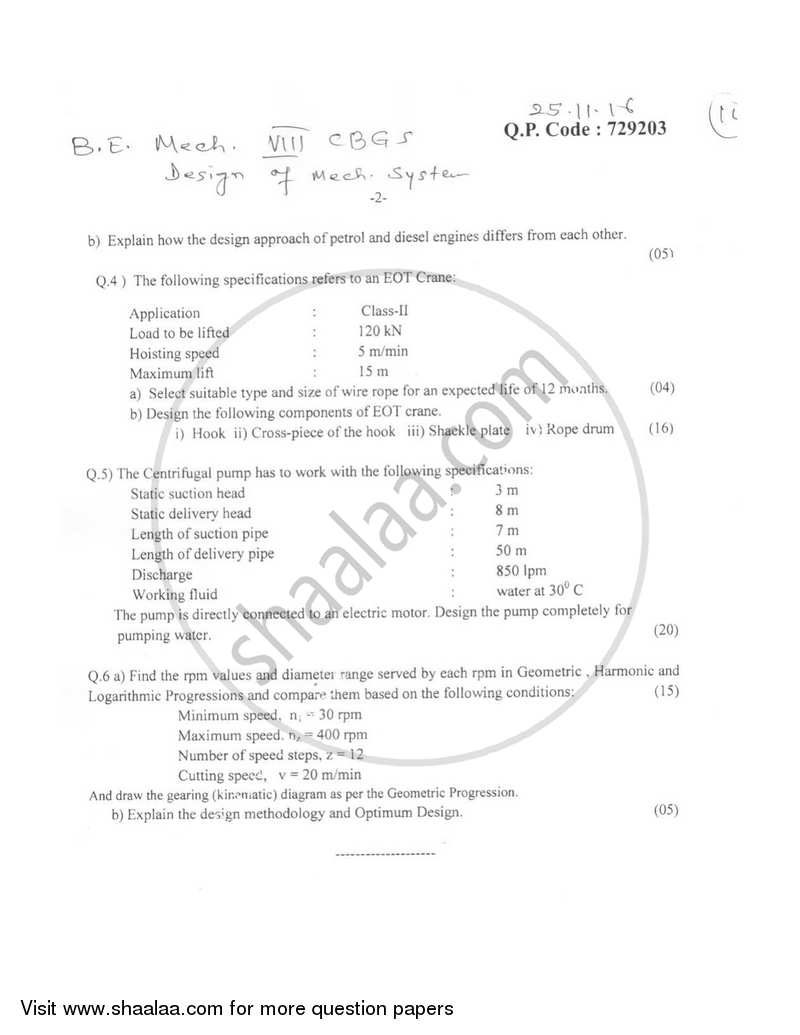 Design of Mechanical Systems 2016-2017 - B.E. - Semester 8 (BE Fourth Year) - University of Mumbai question paper with PDF download