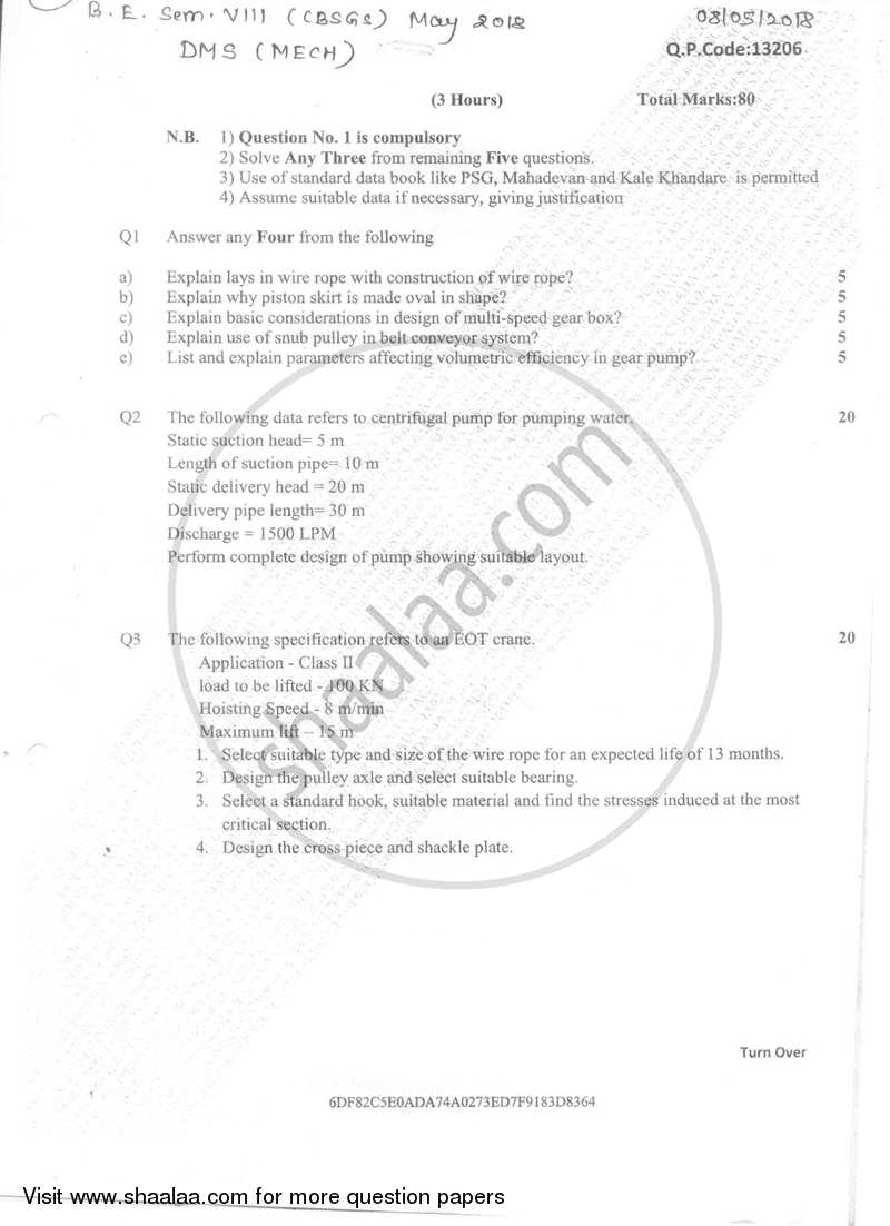 Design of Mechanical Systems 2017-2018 - B.E. - Semester 8 (BE Fourth Year) - University of Mumbai question paper with PDF download