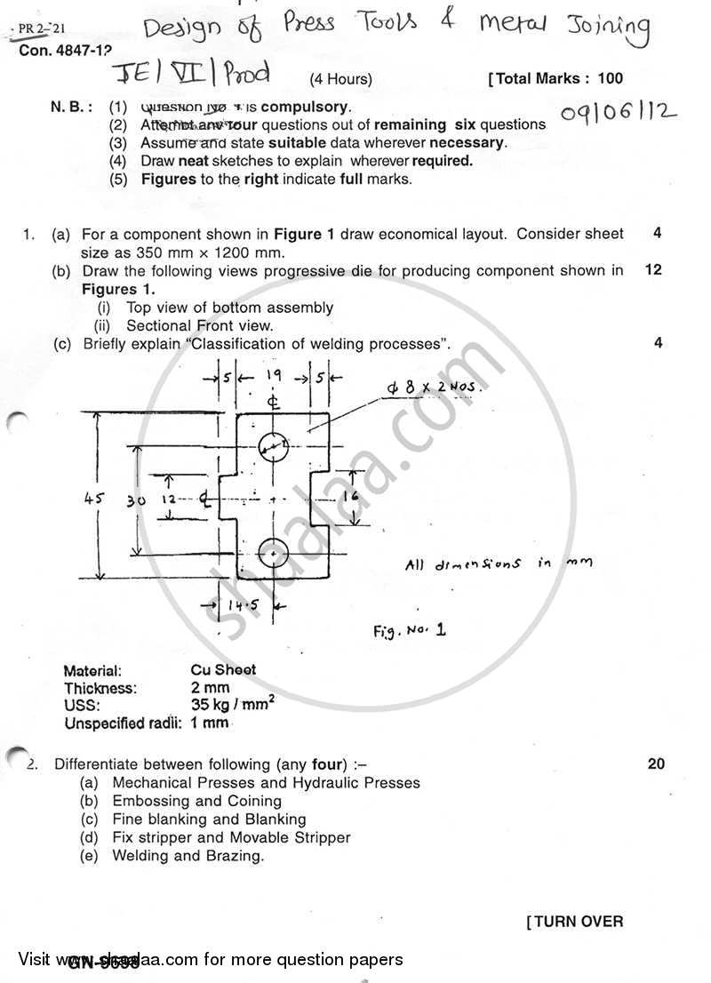 Design of Press Tool and Metal Joining 2011-2012 - B.E. - Semester 6 (TE Third Year) - University of Mumbai question paper with PDF download