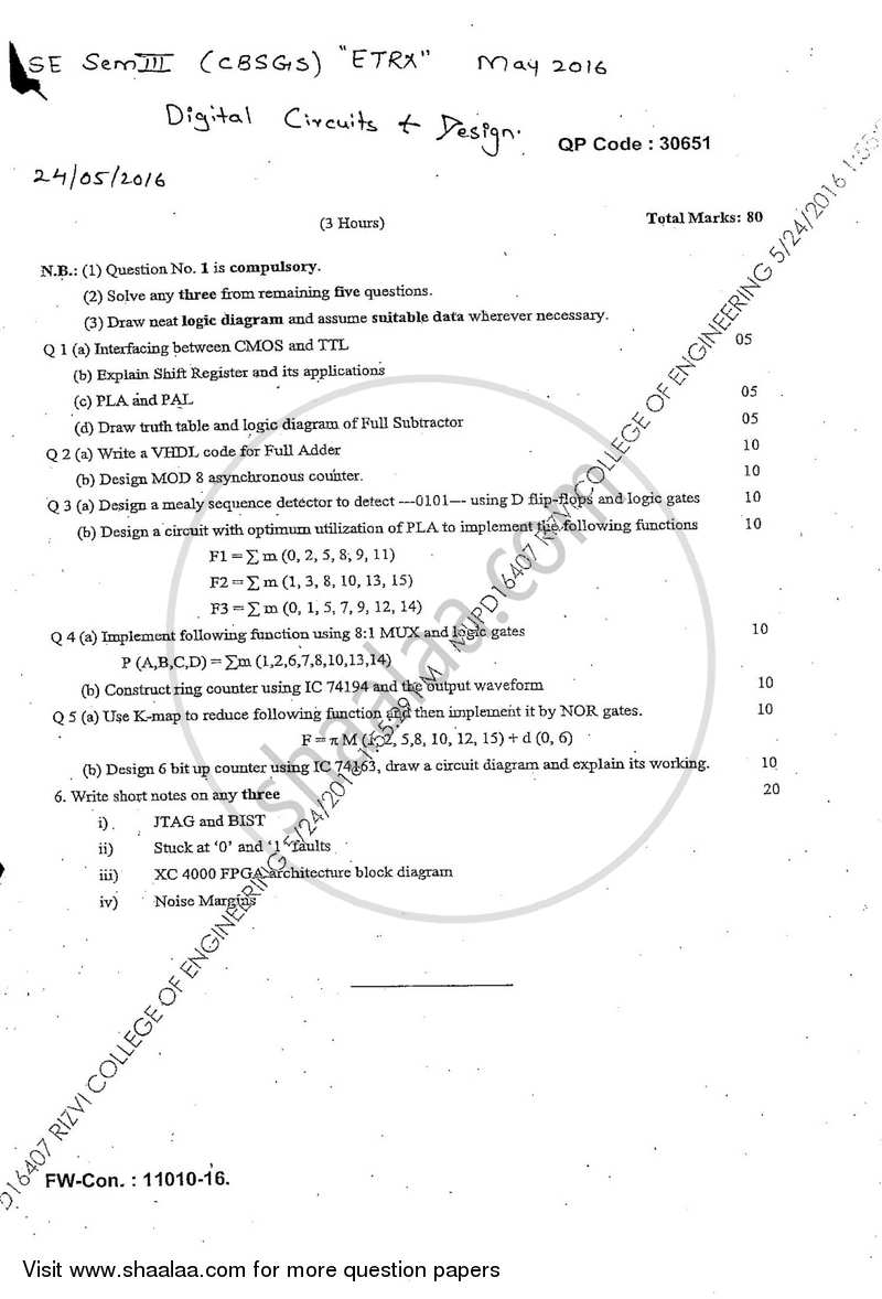 Digital Circuits and Design 2015-2016 - B.E. - Semester 3 (SE Second Year) - University of Mumbai question paper with PDF download