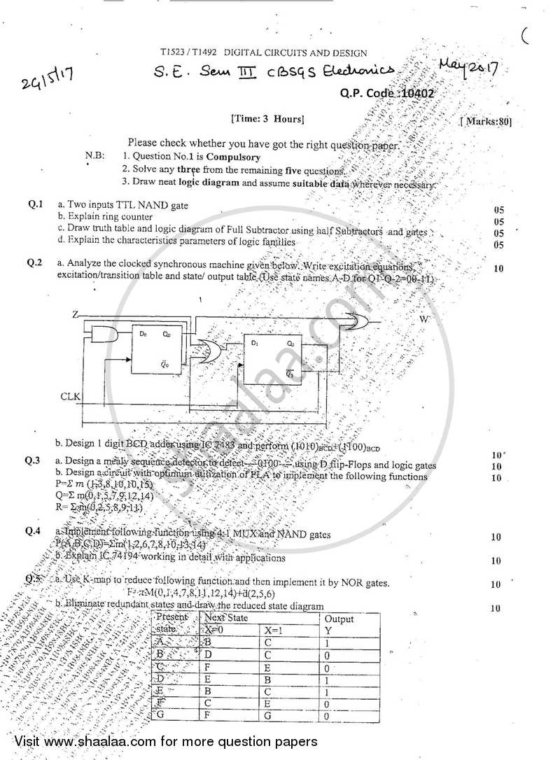 Digital Circuits and Design 2016-2017 - B.E. - Semester 3 (SE Second Year) - University of Mumbai question paper with PDF download