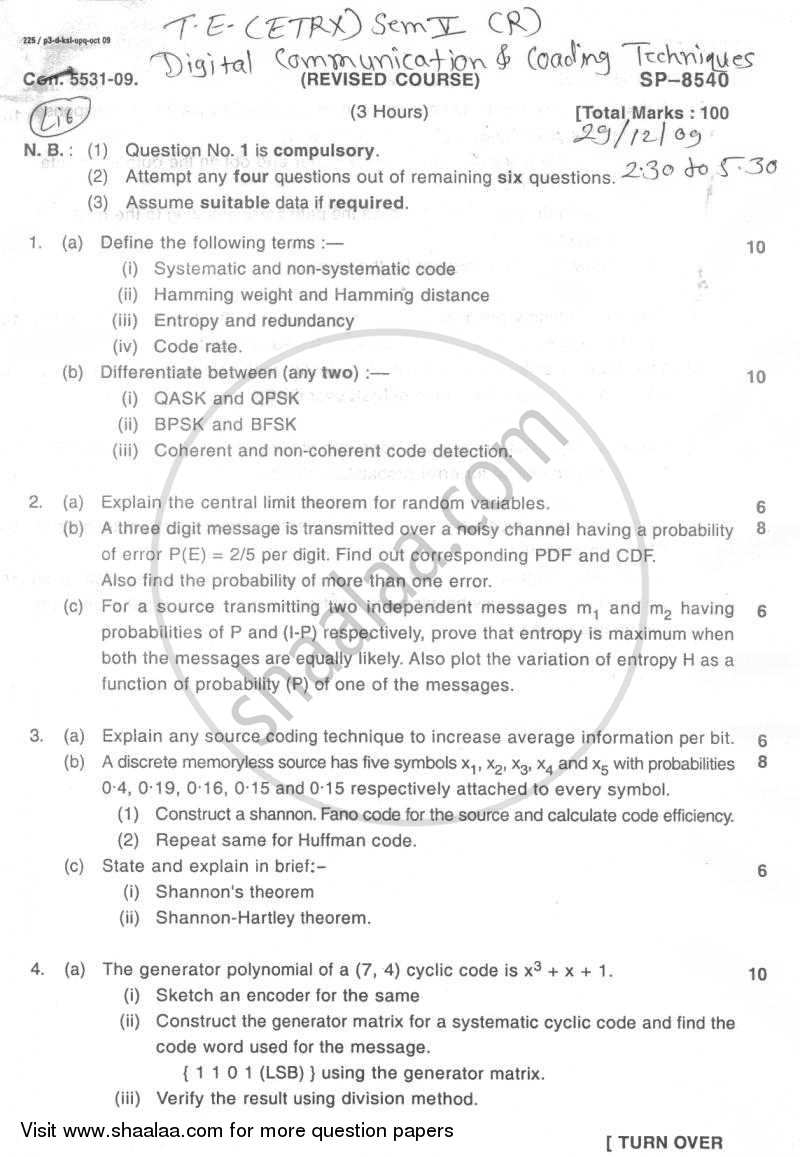Digital Communication and Coding Techniques 2009-2010 - B.E. - Semester 5 (TE Third Year) - University of Mumbai question paper with PDF download