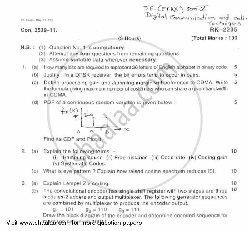Digital Communication and Coding Techniques 2010-2011 - B.E. - Semester 5 (TE Third Year) - University of Mumbai question paper with PDF download