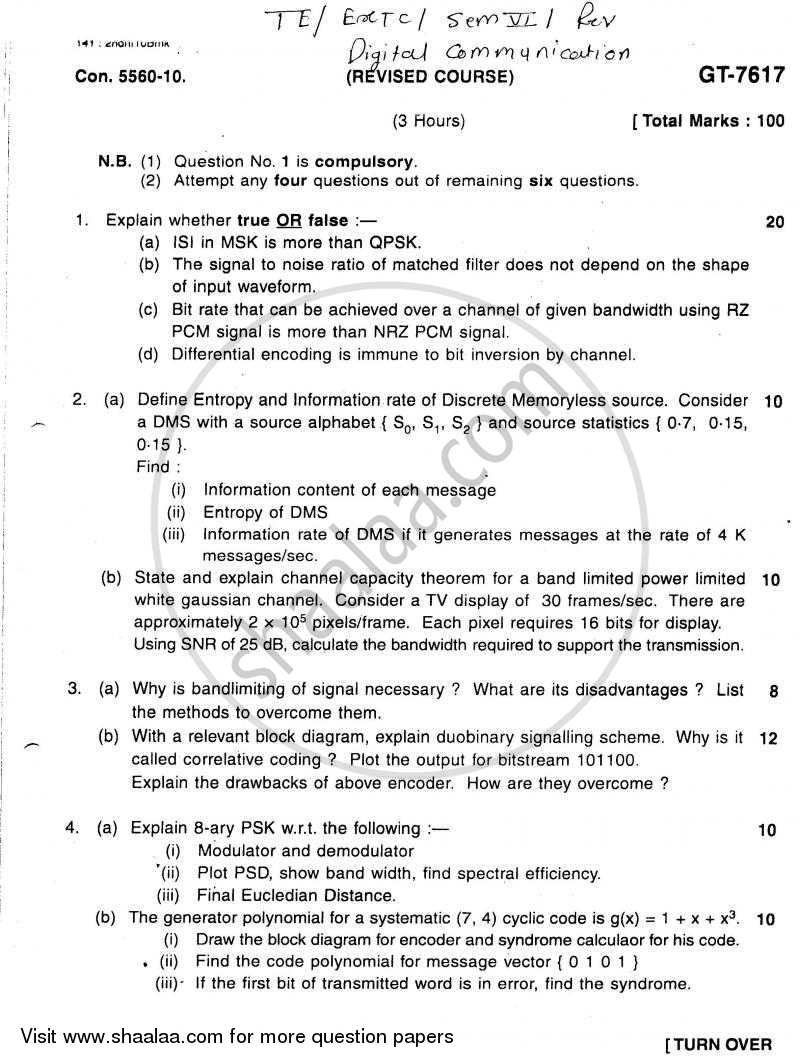 Digital Communication 2010-2011 - B.E. - Semester 5 (TE Third Year) - University of Mumbai question paper with PDF download