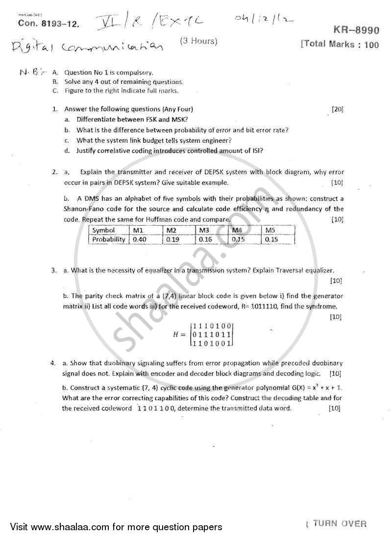Digital Communication 2012-2013 - B.E. - Semester 5 (TE Third Year) - University of Mumbai question paper with PDF download
