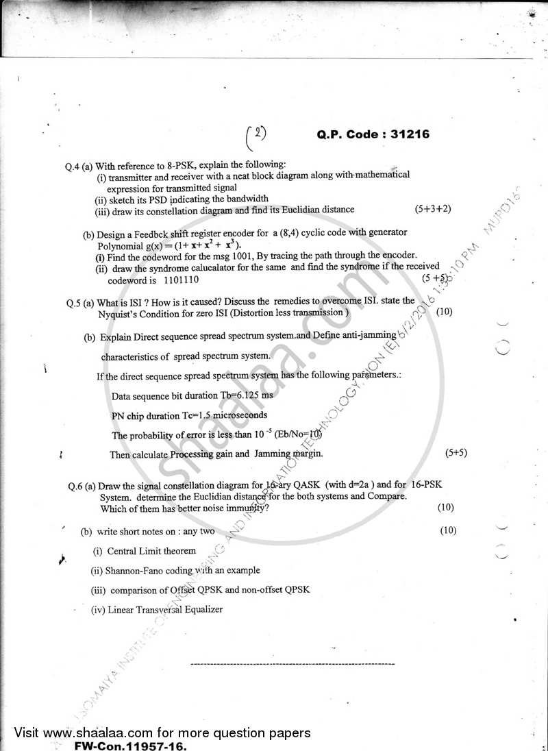 Digital Communication 2015-2016 - B.E. - Semester 5 (TE Third Year) - University of Mumbai question paper with PDF download