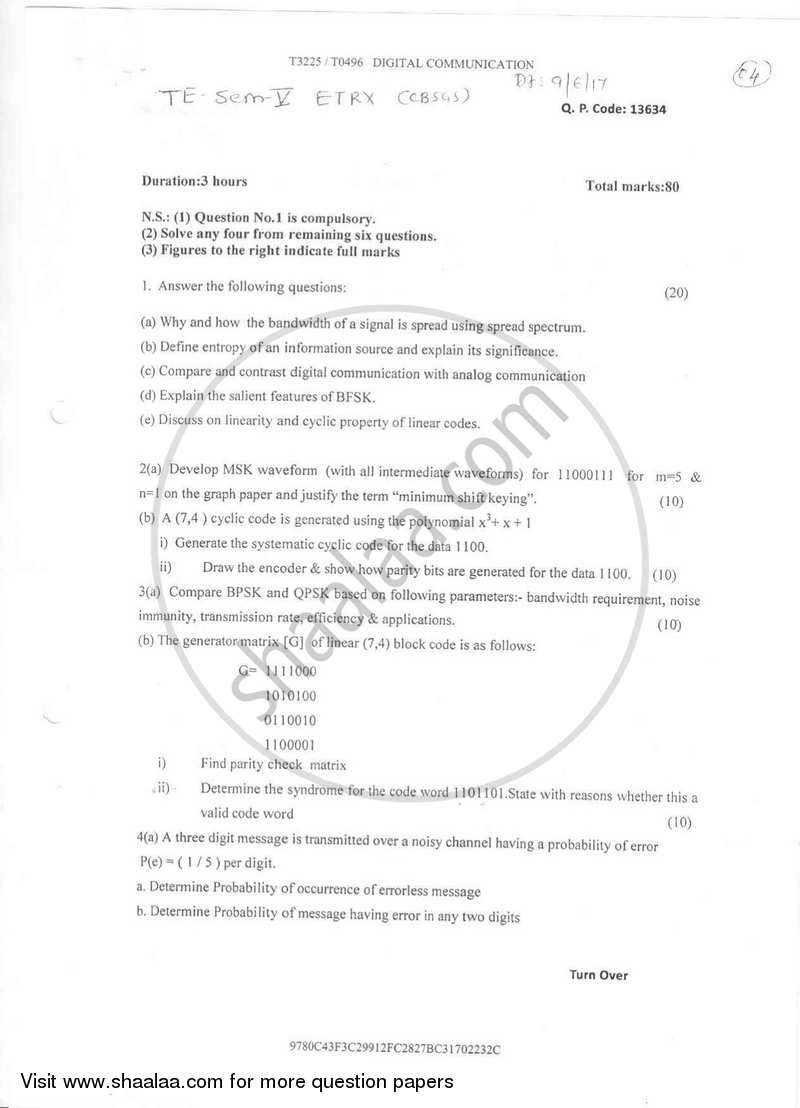 Digital Communication 2016-2017 - B.E. - Semester 5 (TE Third Year) - University of Mumbai question paper with PDF download