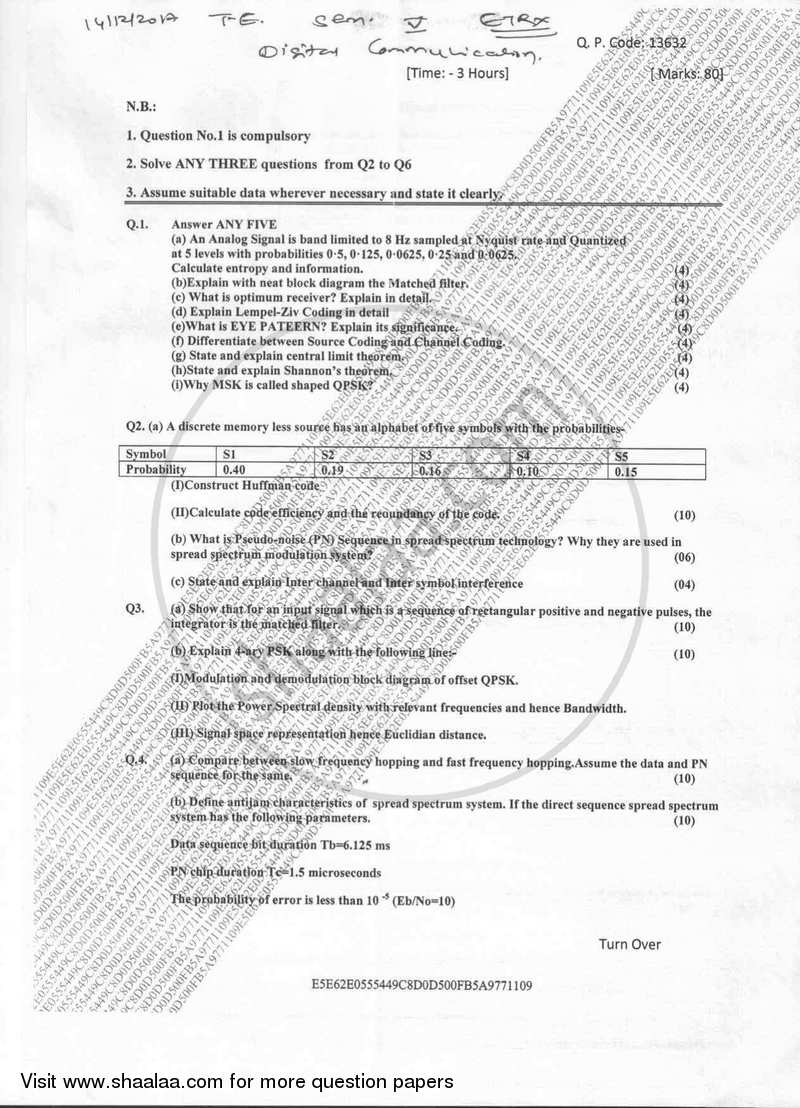 Digital Communication 2017-2018 - B.E. - Semester 5 (TE Third Year) - University of Mumbai question paper with PDF download