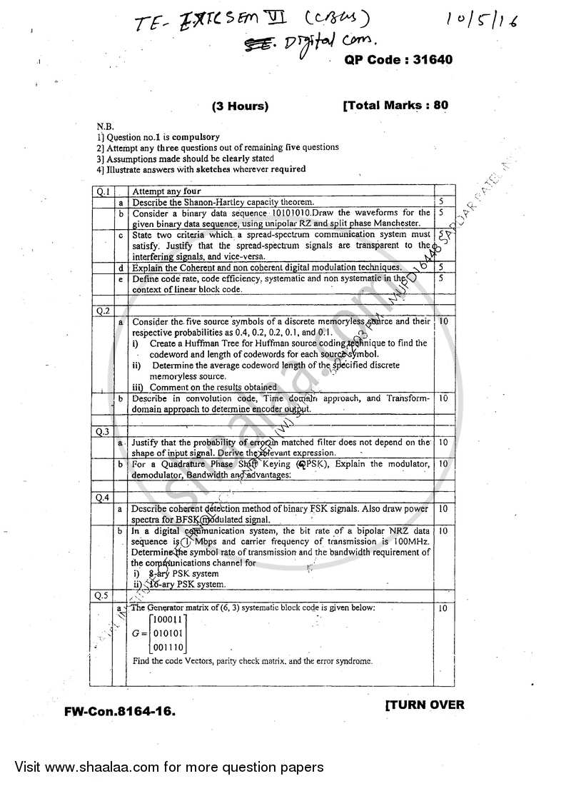 Digital Communication 2015-2016 - B.E. - Semester 6 (TE Third Year) - University of Mumbai question paper with PDF download
