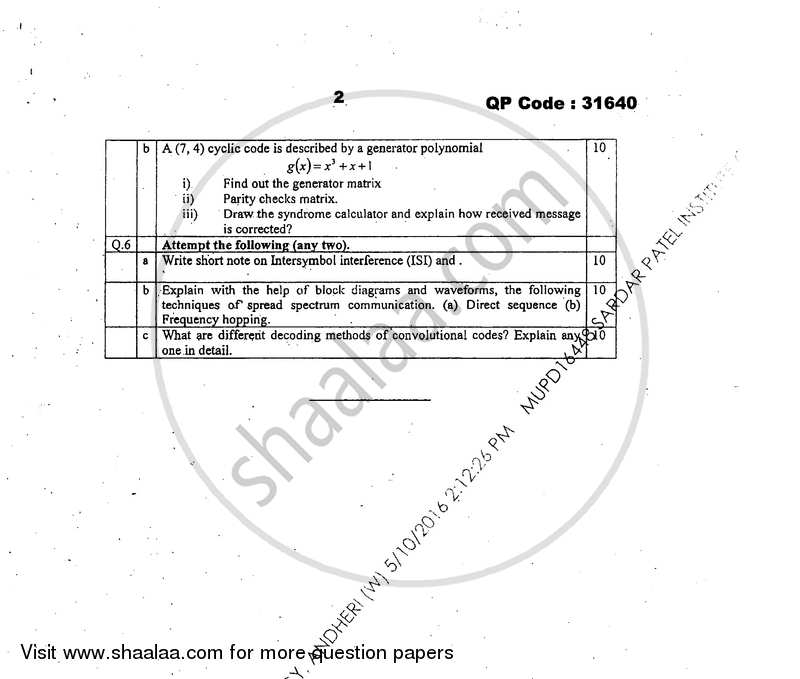 Digital Communication 2015-2016 - B.E. - Semester 6 (TE Third Year) - University of Mumbai question paper with PDF download
