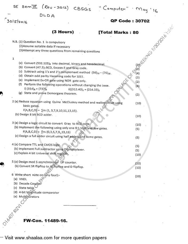 Digital Logic Design and Analysis 2015-2016 - B.E. - Semester 3 (SE Second Year) - University of Mumbai question paper with PDF download