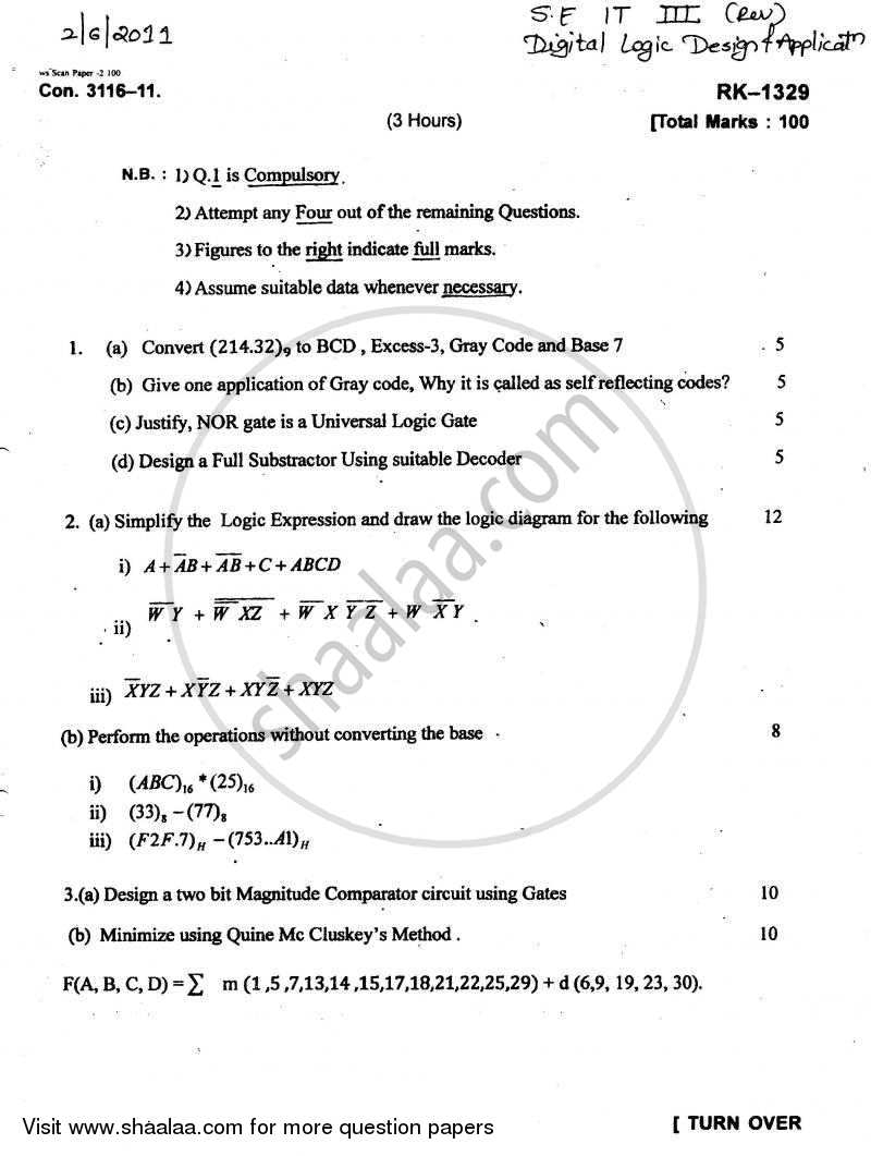 Digital Logic Design and Application 2010-2011 - B.E. - Semester 3 (SE Second Year) - University of Mumbai question paper with PDF download