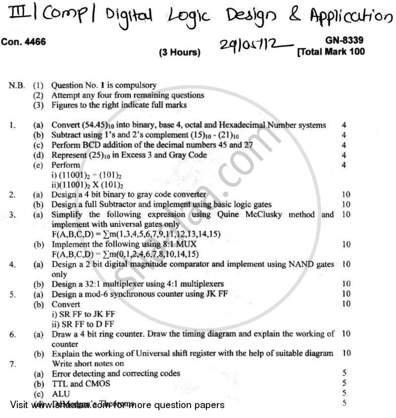 Digital Logic Design and Application 2011-2012 - B.E. - Semester 3 (SE Second Year) - University of Mumbai question paper with PDF download