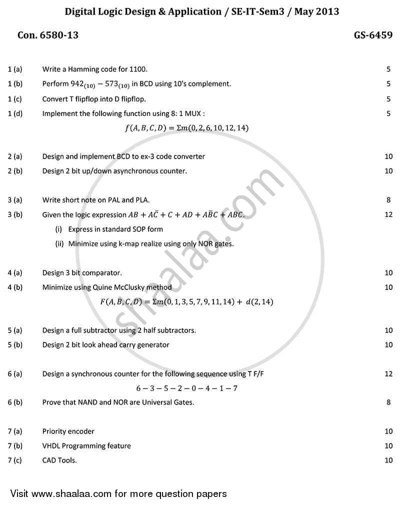 Digital Logic Design and Application 2012-2013 - B.E. - Semester 3 (SE Second Year) - University of Mumbai question paper with PDF download