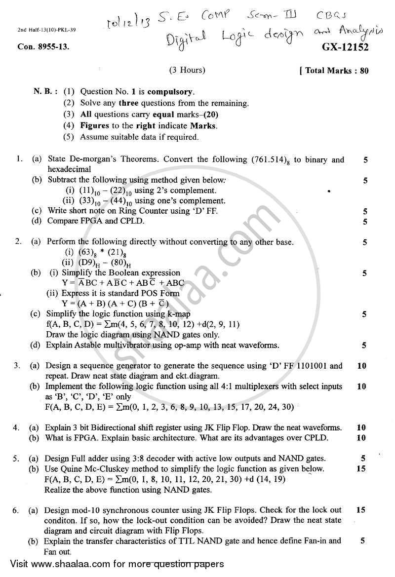 Digital Logic Design and Application 2013-2014 - B.E. - Semester 3 (SE Second Year) - University of Mumbai question paper with PDF download
