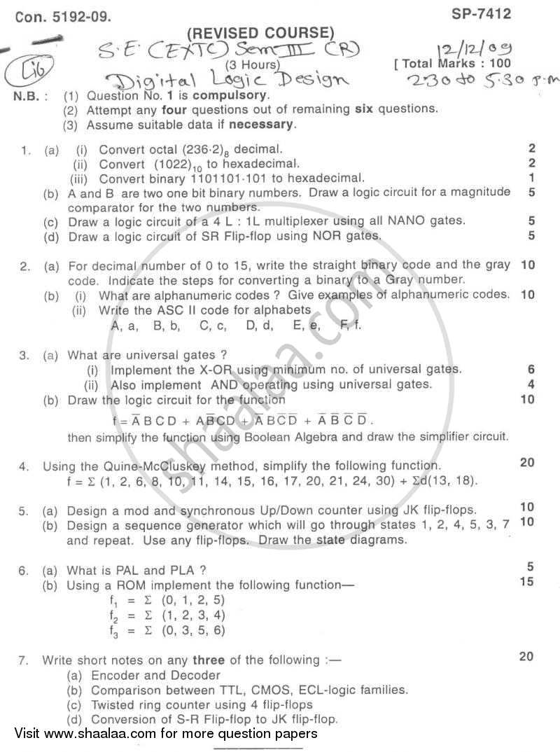 Digital Logic Design 2009-2010 - B.E. - Semester 3 (SE Second Year) - University of Mumbai question paper with PDF download