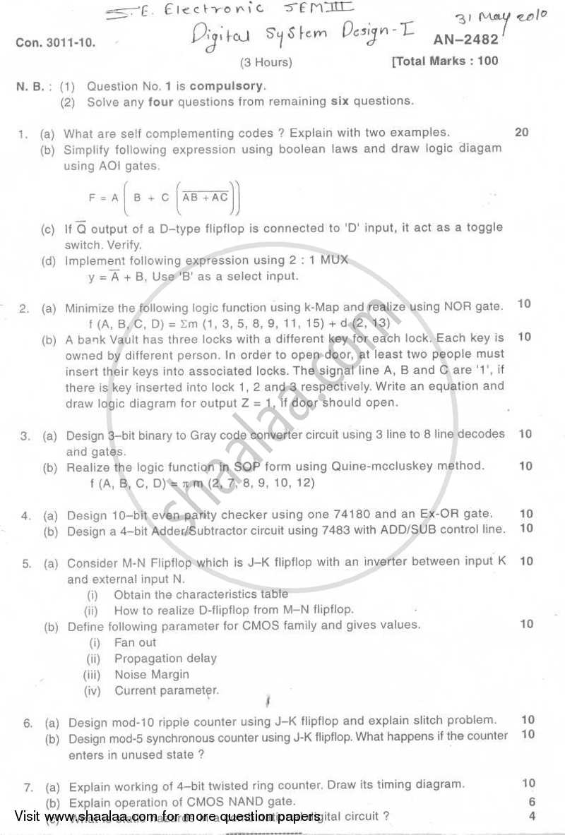 Digital System Design-1 2009-2010 - B.E. - Semester 3 (SE Second Year) - University of Mumbai question paper with PDF download