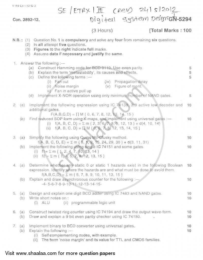Digital System Design-1 2011-2012 - B.E. - Semester 3 (SE Second Year) - University of Mumbai question paper with PDF download