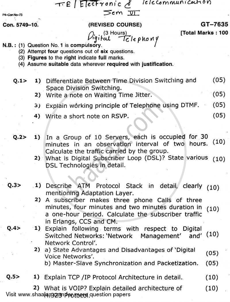 Digital Telephony 2010-2011 - B.E. - Semester 6 (TE Third Year) - University of Mumbai question paper with PDF download