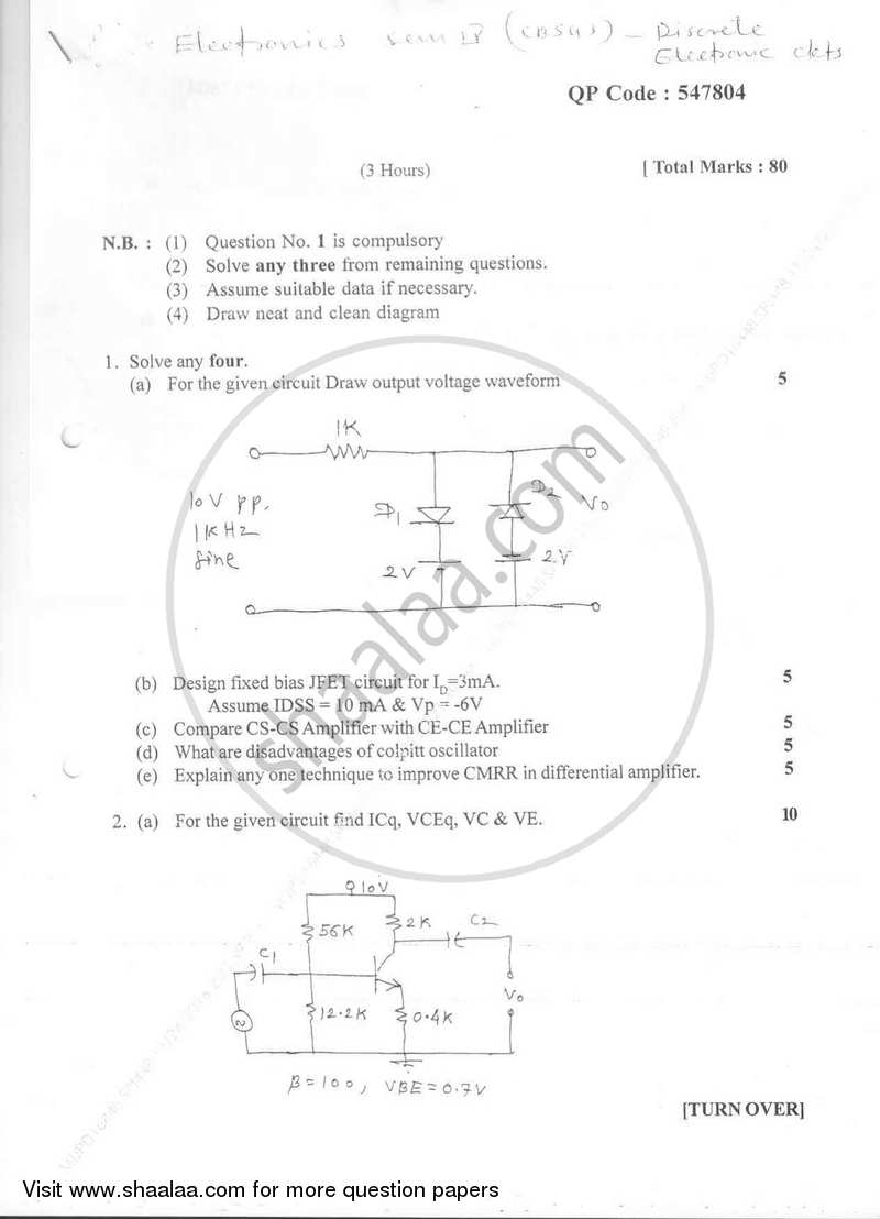 Discrete Electronic Circuits 2016-2017 - B.E. - Semester 4 (SE Second Year) - University of Mumbai question paper with PDF download