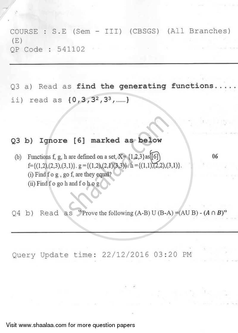 Discrete Structures 2016-2017 - B.E. - Semester 3 (SE Second Year) - University of Mumbai question paper with PDF download