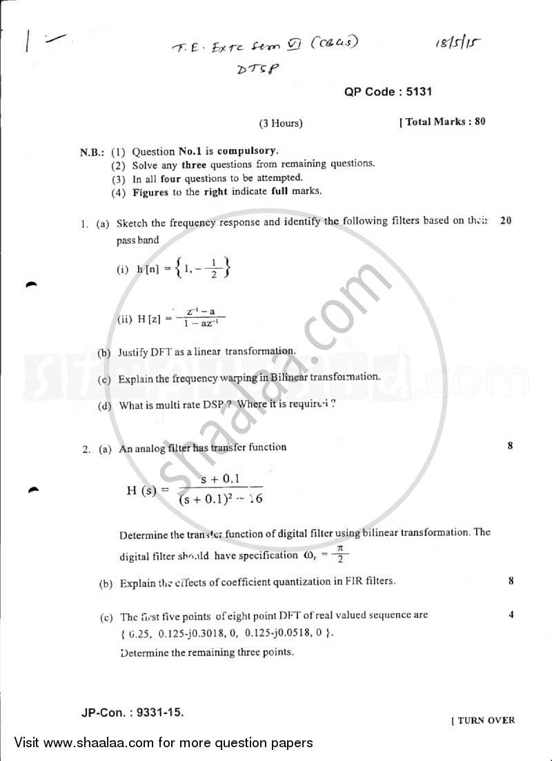 Discrete Time Signal Processing 2014-2015 - B.E. - Semester 6 (TE Third Year) - University of Mumbai question paper with PDF download