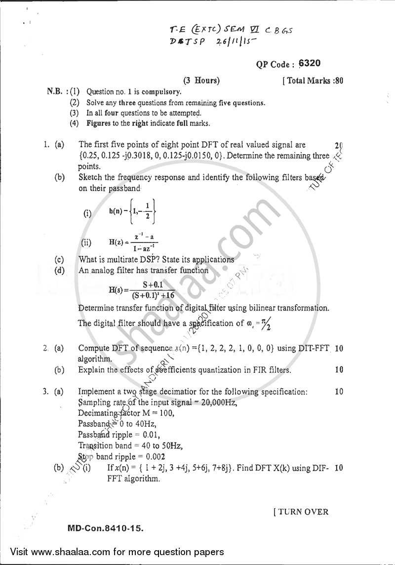 Discrete Time Signal Processing 2015-2016 - B.E. - Semester 6 (TE Third Year) - University of Mumbai question paper with PDF download