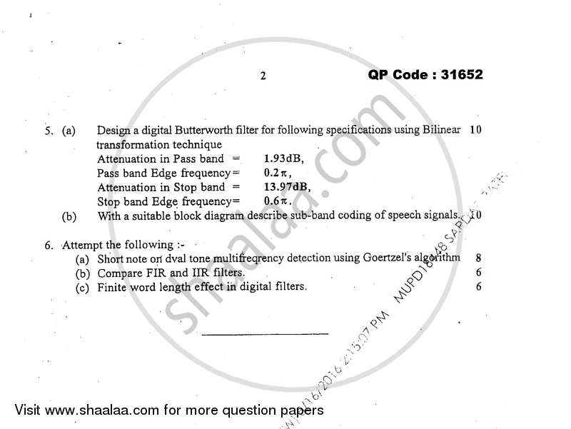 Discrete Time Signal Processing 2015-2016 - B.E. - Semester 6 (TE Third Year) - University of Mumbai question paper with PDF download