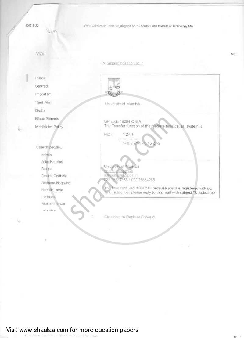 Discrete Time Signal Processing 2016-2017 - B.E. - Semester 6 (TE Third Year) - University of Mumbai question paper with PDF download