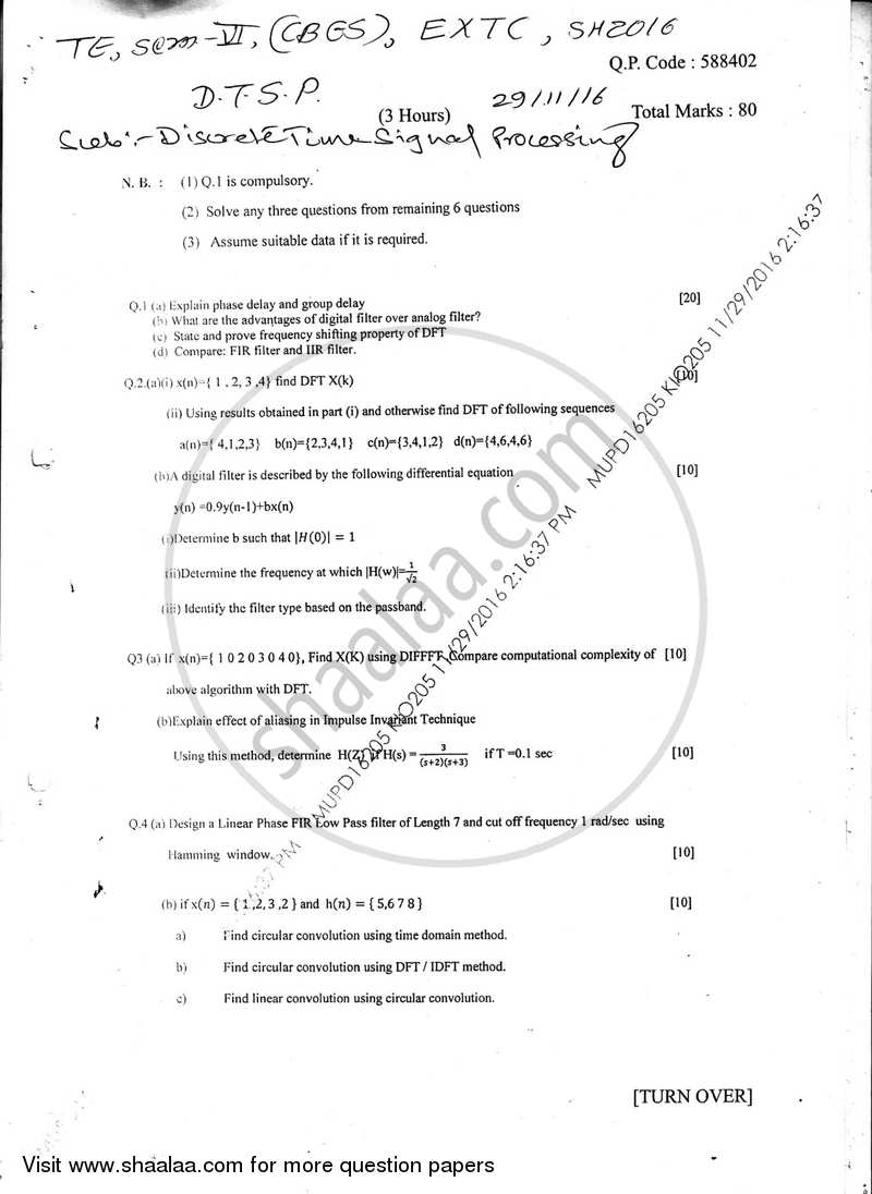 Discrete Time Signal Processing 2016-2017 - B.E. - Semester 6 (TE Third Year) - University of Mumbai question paper with PDF download