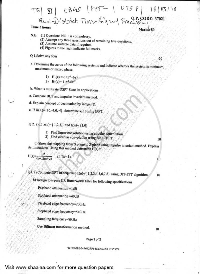 Discrete Time Signal Processing 2017-2018 - B.E. - Semester 6 (TE Third Year) - University of Mumbai question paper with PDF download