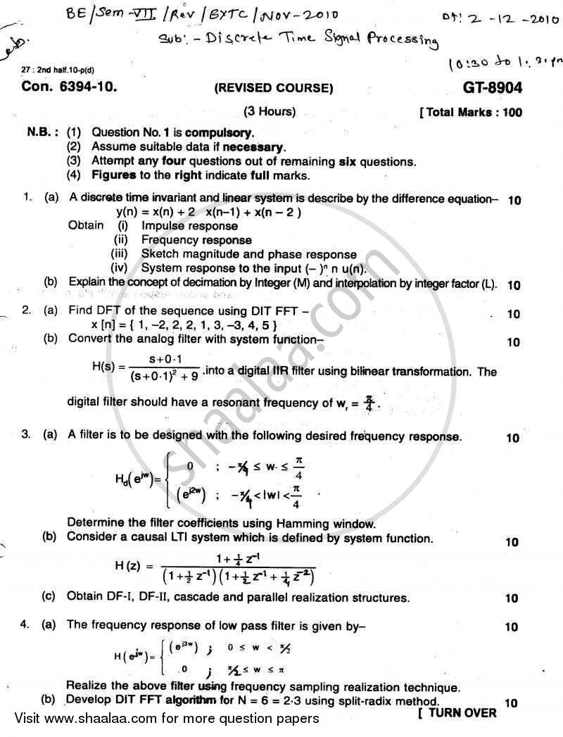 Discrete Time Signal Processing 2010-2011 - B.E. - Semester 7 (BE Fourth Year) - University of Mumbai question paper with PDF download