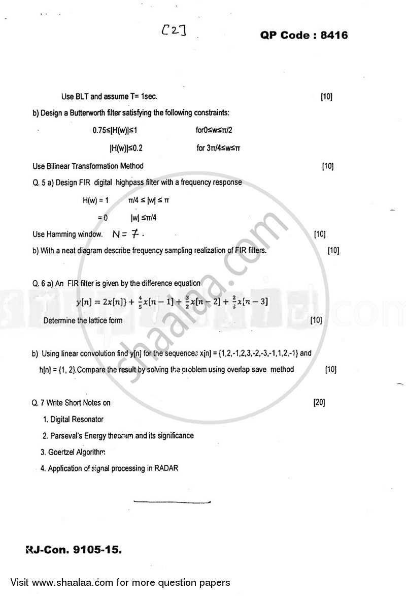 Discrete Time Signal Processing 2014-2015 - B.E. - Semester 7 (BE Fourth Year) - University of Mumbai question paper with PDF download