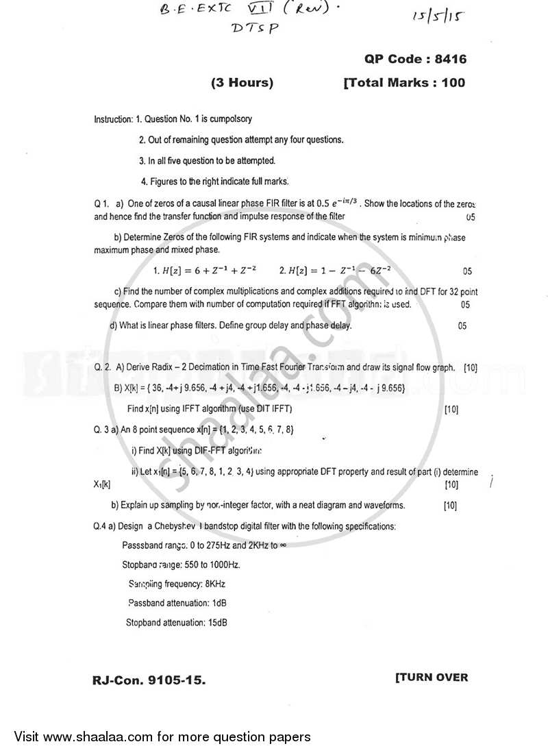 Discrete Time Signal Processing 2014-2015 - B.E. - Semester 7 (BE Fourth Year) - University of Mumbai question paper with PDF download