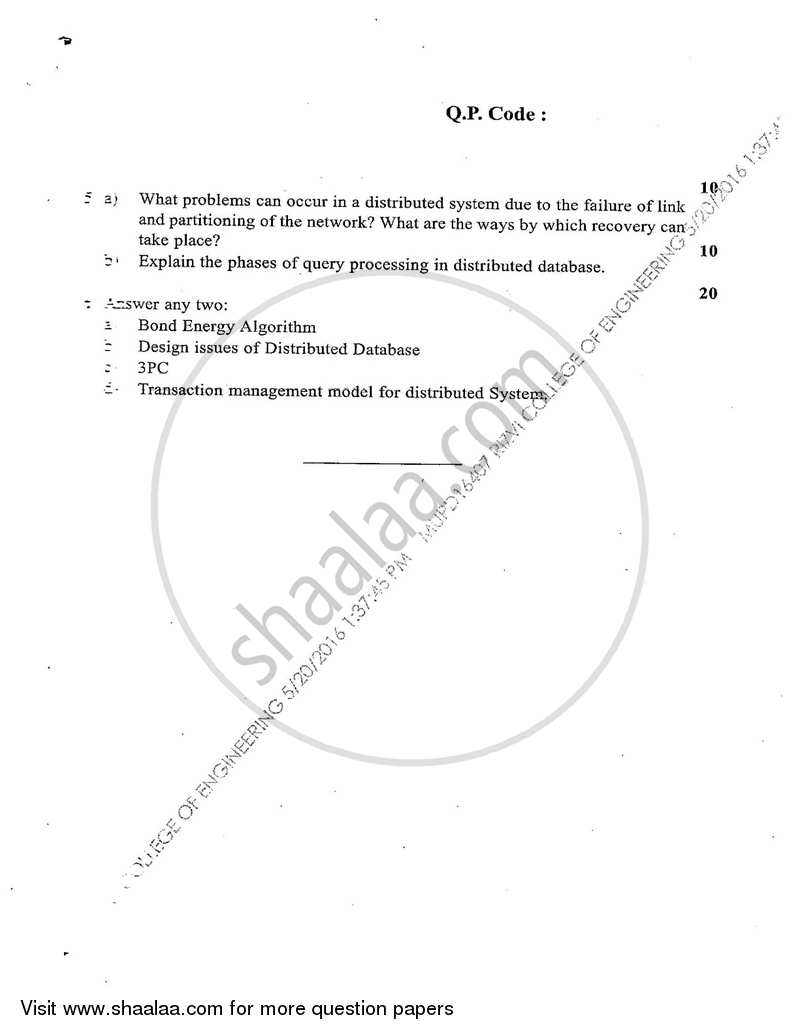 Distributed Databases 2015-2016 - B.E. - Semester 6 (TE Third Year) - University of Mumbai question paper with PDF download