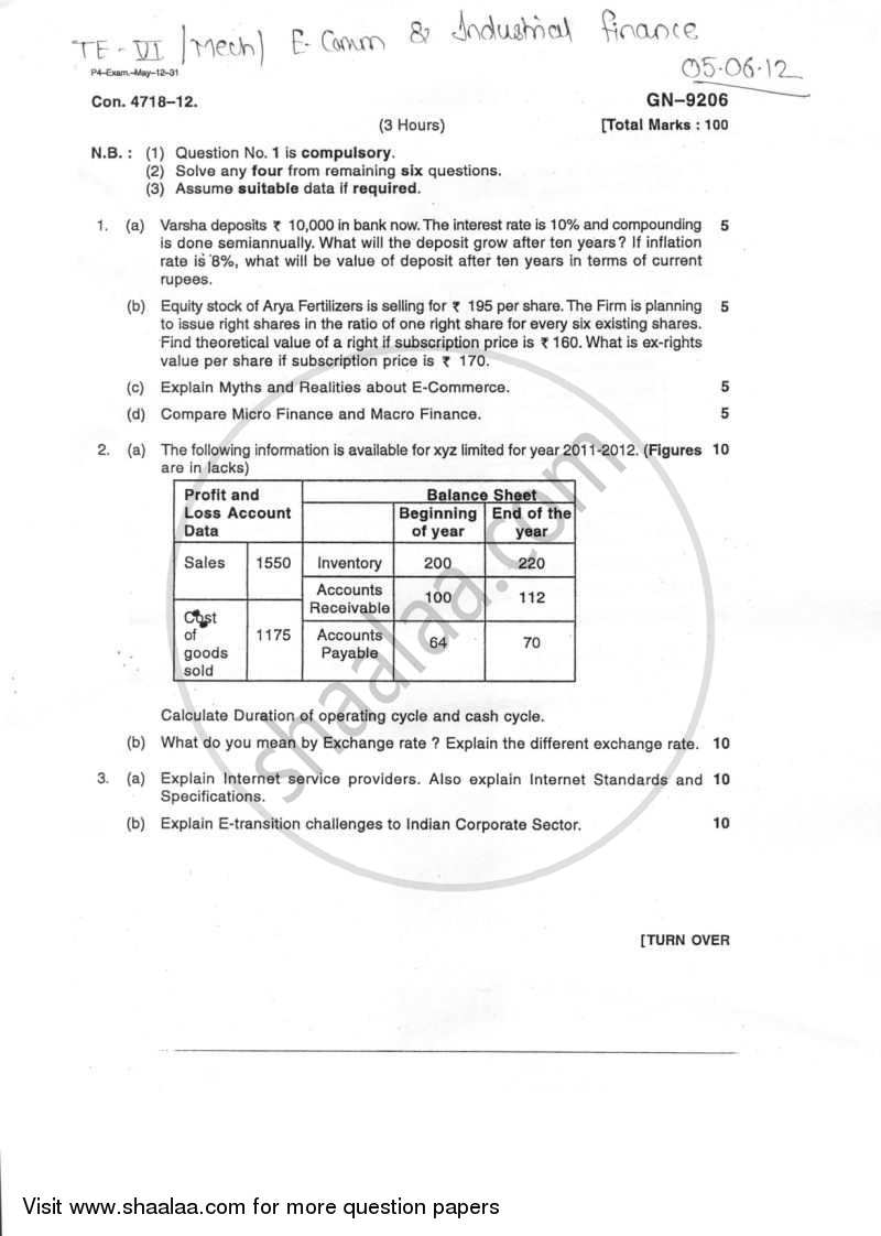 E-commerce and Industrial Finance 2011-2012 - B.E. - Semester 6 (TE Third Year) - University of Mumbai question paper with PDF download