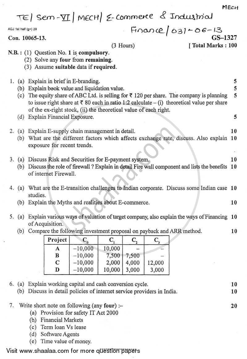 E-commerce and Industrial Finance 2012-2013 - B.E. - Semester 6 (TE Third Year) - University of Mumbai question paper with PDF download