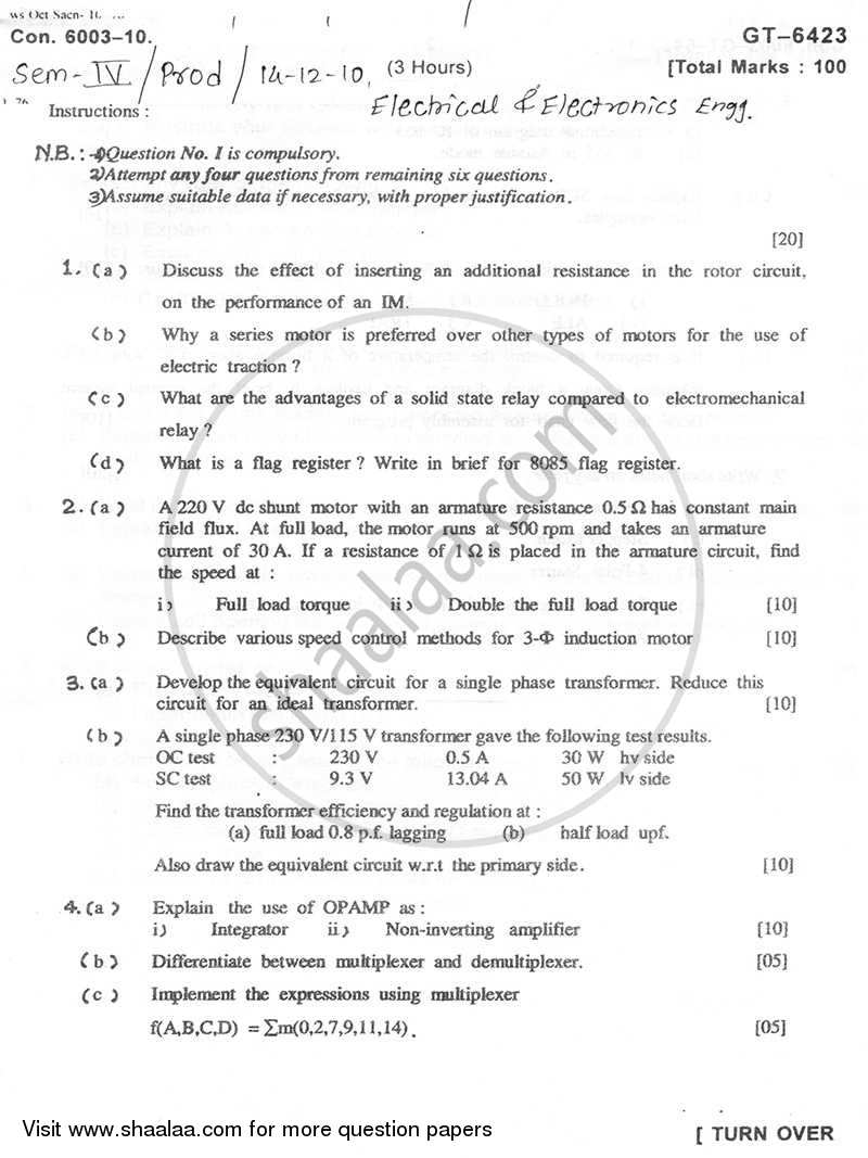 Electrical and Electronics Engineering 2010-2011 - B.E. - Semester 4 (SE Second Year) - University of Mumbai question paper with PDF download
