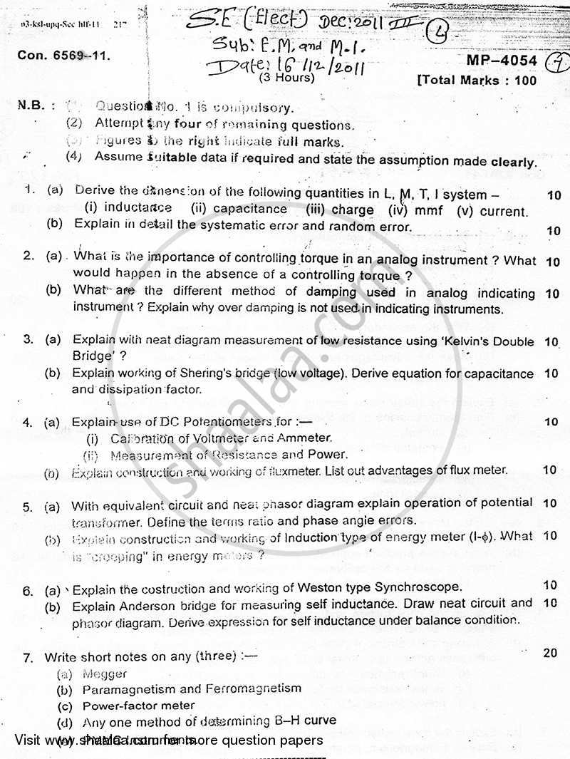 Electrical Measurements and Measuring Instruments 2011-2012 - B.E. - Semester 3 (SE Second Year) - University of Mumbai question paper with PDF download