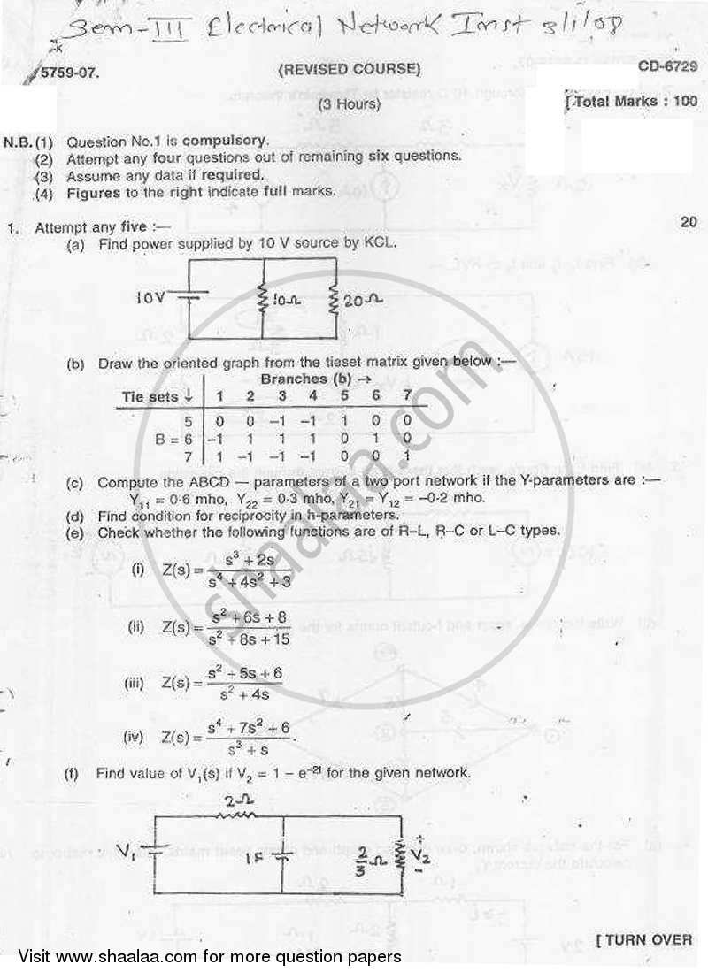 Electrical Network Analysis and Synthesis 2008-2009 - B.E. - Semester 3 (SE Second Year) - University of Mumbai question paper with PDF download