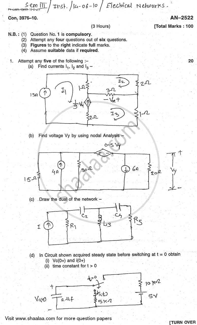 Electrical Network Analysis and Synthesis 2009-2010 - B.E. - Semester 3 (SE Second Year) - University of Mumbai question paper with PDF download
